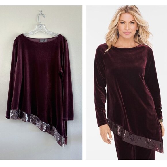 Chico's Travelers Collection Burgundy Velour Velvet Sequin Trim Tunic Top - Picture 1 of 13